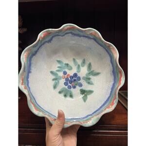 Signed Studio Art Pottery Scalloped Edge Bowl Berries And Leaves Blue Green